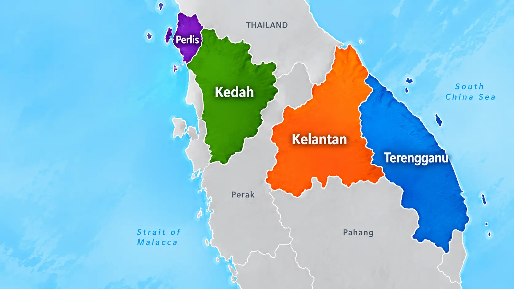 Map showing Kedah, Kelantan, Terengganu and Perlis within Malaysia